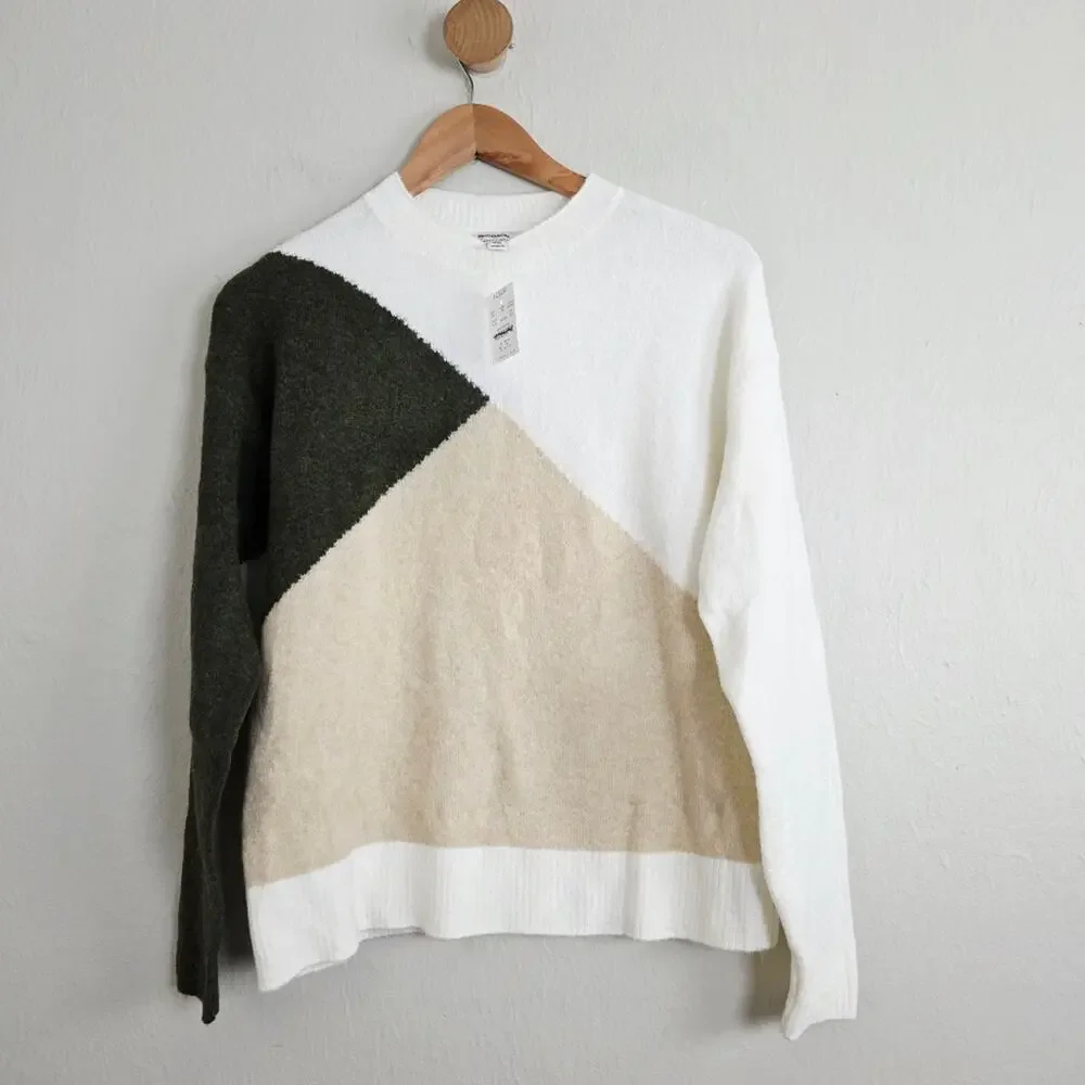 J. Crew Colorblock Mockneck Sweater Merino Wool Blend Green Cream White NWT XS